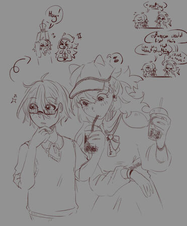 halfbody (x2) + chibi / sketch / no bg